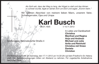 Traueranzeige von Karl Busch von Pegnitz-Zeitung